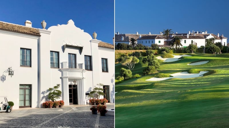 Links: Innenhof und Haupteingang der Finca Cortesin. Rechts: Das Hauptgebäude und neuntes Grün. (Fotos: Jürgen Linnenbürger/Finca Cortesin)