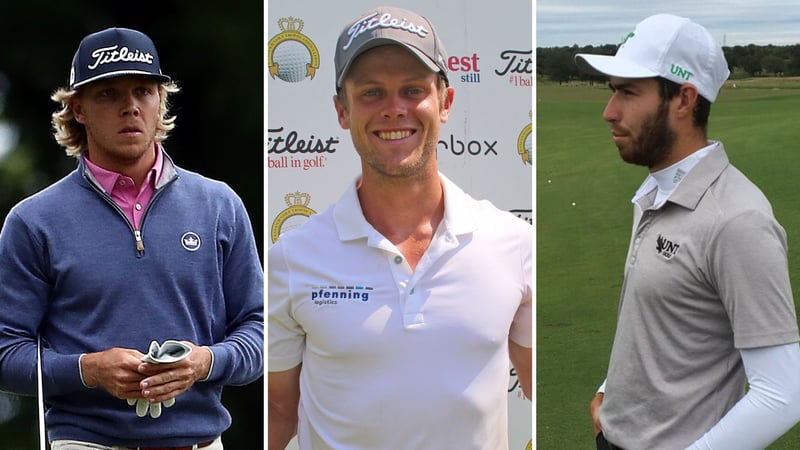 Max Rottluff (l.), Hurly Long (m.) und Thomas Rosenmüller ziehen in das Finale der European Tour Q-School 2019 ein. (Foto: Getty, Twitter.com/@ProGolfTour und @MeanGreenGolf)