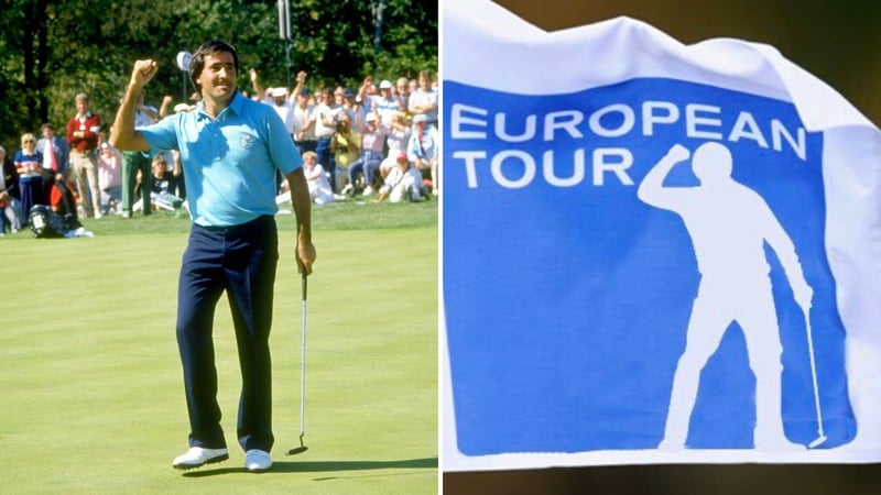 Links: Seve Ballesteros beim Ryder Cup 1987, rechts: ein ihm nachempfundenes Logo: (Foto: Getty und Twitter/@J_Ballesteros)