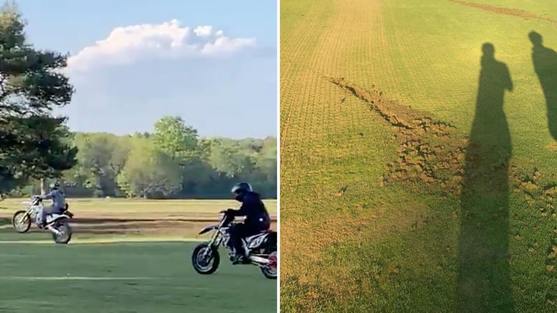 Links: Die durchgedrehten Motorradfahrer. Rechts: Die Schäden auf dem Grün. (Foto: Twitter/@waltonheath_gc, @S_SmithermanPGA)