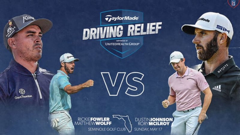 Das TaylorMade Driving Relief der PGA Tour: Rickie Fowler und Matthew Wolff gegen Dustin Johnson und Rory McIlroy. (Foto: Twitter @TOURMISS)