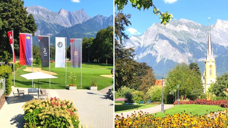 Links: Der Weg zum ersten Abschlag des GC Bad Ragaz, rechts: traumhafter Ausblick vom Grand Resort Bad Ragaz. (Fotos: Jürgen Linnenbürger)