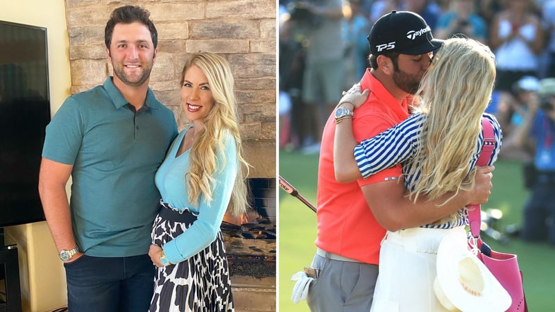 Jon Rahm mit seiner Frau Kelley. Die beiden werden zum ersten Mal Eltern. (Foto: Instagram/jonrahm und Getty)