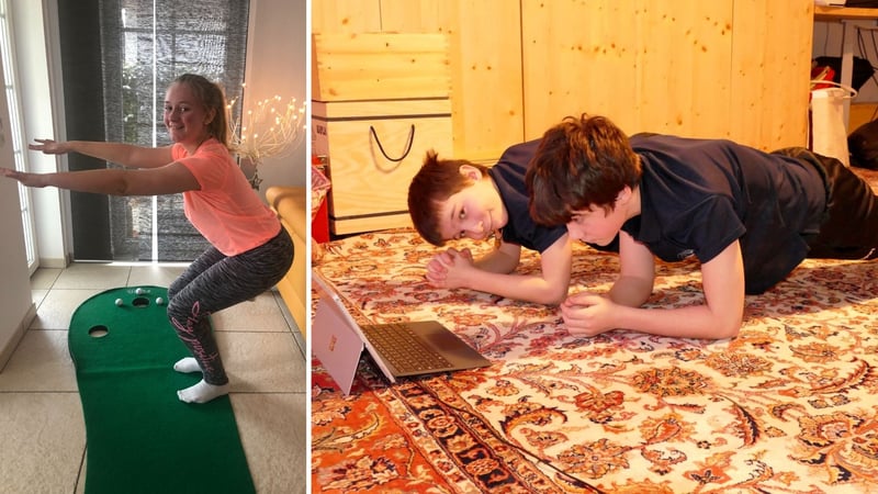 Nachwuchsgolferin Chiara, links, 12, beim Online-Fitness-Training und die Brüder Severin, mitte, 12, und Valentin, 13, beim Unterarmstütz vor dem Laptop. (Fotos: Privat)