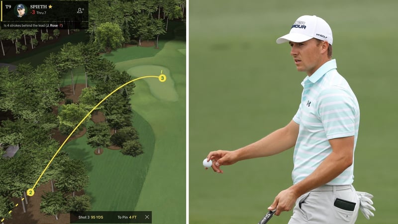 Jordan Spieth mit dramatischer Rettungsaktion beim US masters 2021. (Foto: Twitter.com/@NoLayingUp & Getty)