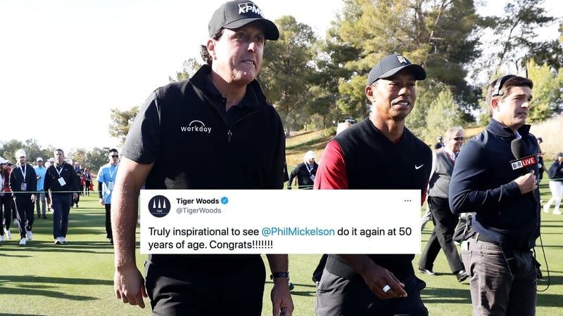 Tiger Woods ist einer von vielen Gratulanten für Phil Mickelson. (Foto: Getty / Twitter.com/@TigerWoods)