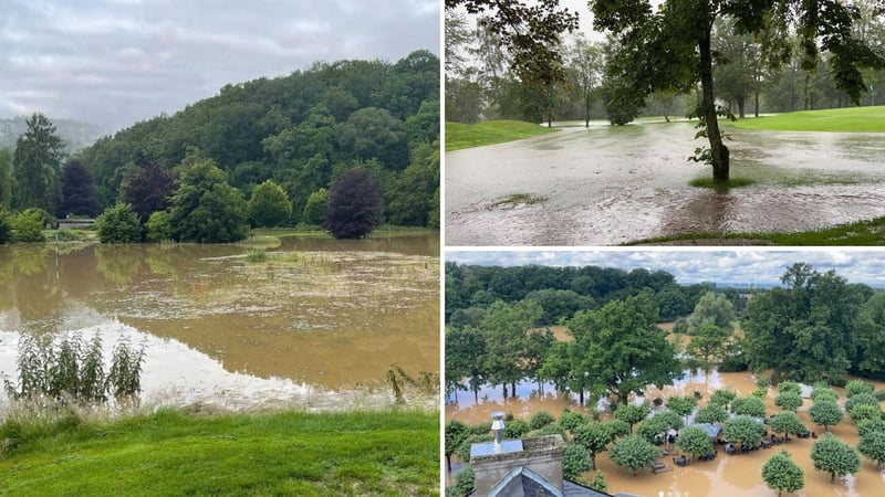 Das Unwetter sorgt für Chaos auf deutschen Golfclubs. (Fotos: Instagram.com/@gcschlossauel und @schloss_miel und Facebook.com/@Clubbuero)