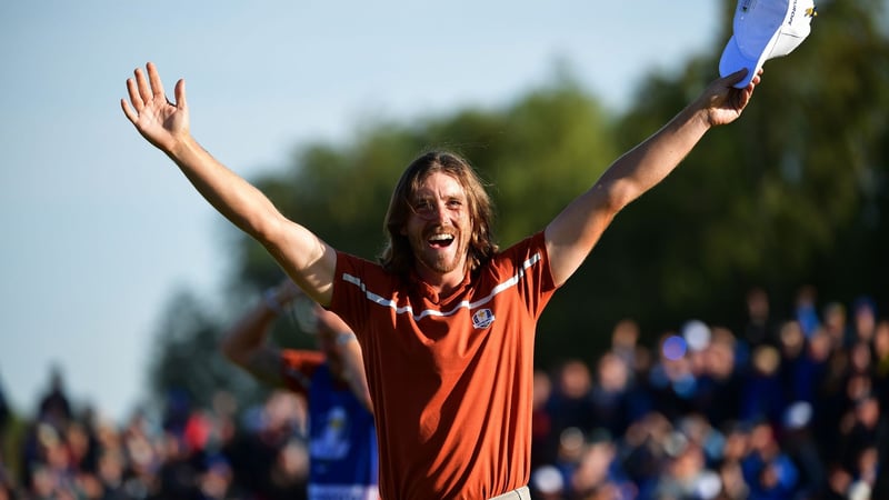 Tommy Fleetwood nach seinem Sieg im Foursome im Ryder Cup 2018 (Foto: Getty)