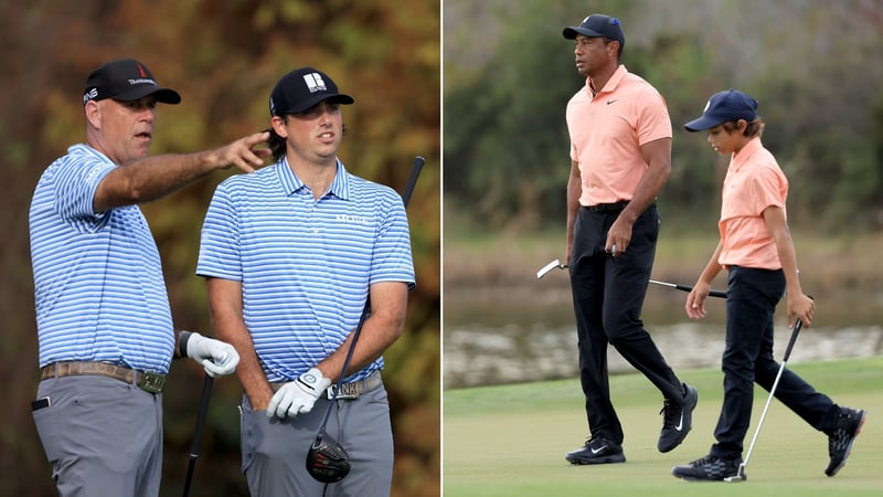 Vater und Sohn: Stewart Cink mit Reagan Cink, Tiger Woods mit Charlie Woods. (Foto: Getty)