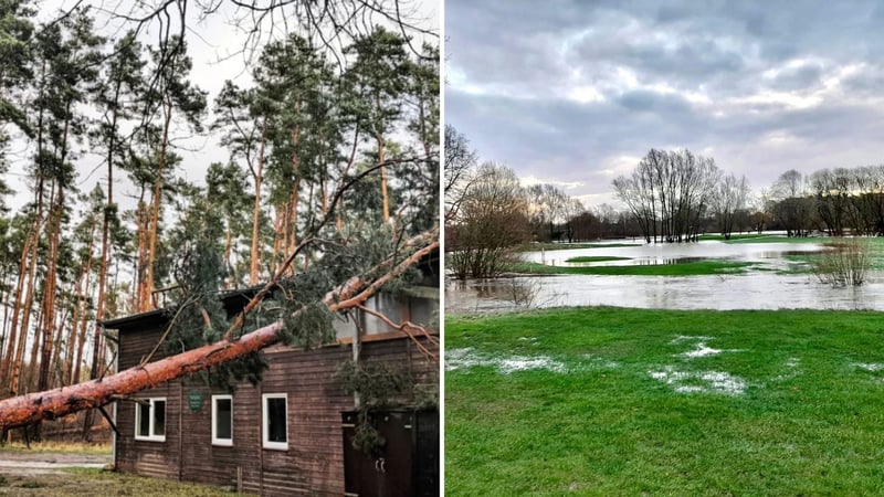 Umgestürzte Bäume und Überschwemmungen: So sah es auf vielen Golfplätzen in Deutschland nach dem Unwetter aus. (Foto: Instagram/@gcstdionys; Facebook/@GolfclubOsnabruckDutetalEv)