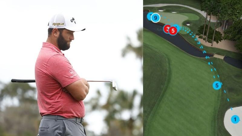 Jon Rahm, spielt bei der PGA Championship der PGA Tour eine 9 auf einem Par-4. (Foto: Getty)Jon Rahm, spielt bei der PGA Championship der PGA Tour eine 9 auf einem Par-4. (Foto: Getty / rechts: Screenshot PGA Tour)