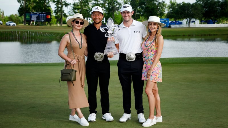 Zwei Freunde gewinnen im Team: Patrick Cantlay und Xander Schauffele mit ihren Partnerinnen nach dem Sieg bei Zurich Classic auf der PGA Tour. (Foto: Getty)