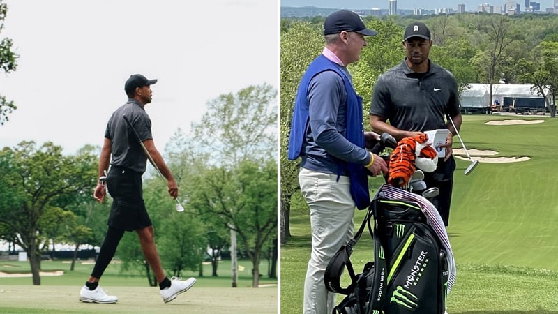 Tiger Woods zusammen mit dem Head-Pro des Southern Hills Country Club auf einer Trainingsrunde vor der PGA Championship 2022. (Foto: Twitter/@PGAChampionship & @okgolf2)