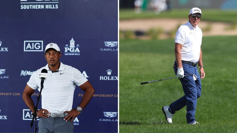 Im Vorfeld der PGA Championship 2022 übt Tiger Woods Kritik an Phil Mickelson bezüglich seiner Aussagen zur PGA Tour (Fotos: Getty).