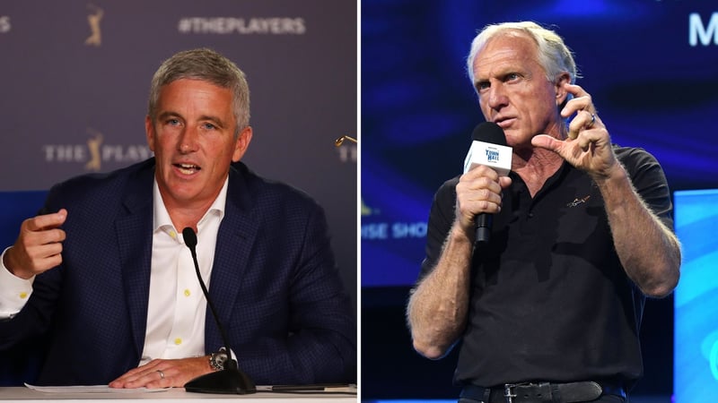 Die Köpfe der konkurrierenden Touren: Jay Monahan (li.) und Greg Norman. (Foto: Getty)