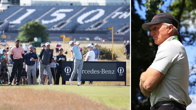 Tiger Woods und Justin Thomas auf der Proberunde vor der British Open 2022. Greg Norman (li.) ist nicht eingeladen. (Foto: Getty)