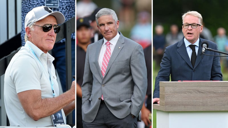 Die Bosse von LIV Golf, PGA Tour und European Tour: Greg Norman, Jay Monahan und Keith Pelley (v.l.n.r.). (Foto: Getty)