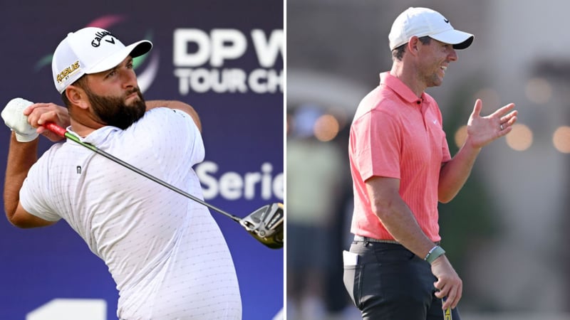 Jon Rahm und Rory McIlroy am Moving Day der DP World Tour Championship. Foto: Getty)