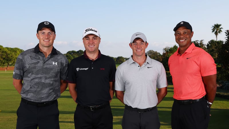 Die Teams von The Match: Jordan Spieth und Justin Thomas traten gegen Rory McIlroy und Tiger Woods an (v.l.n.r.). (Foto: Getty)