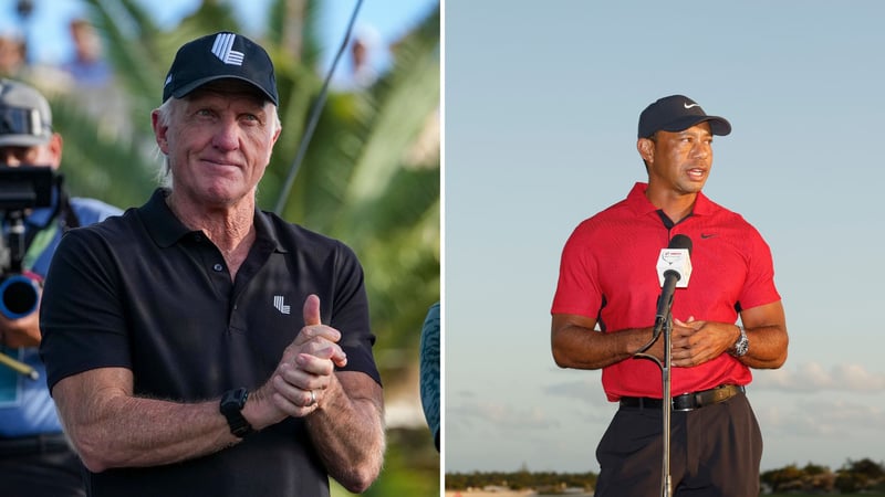 Greg Norman (li.) und Tiger Woods (re.). (Foto: Getty)