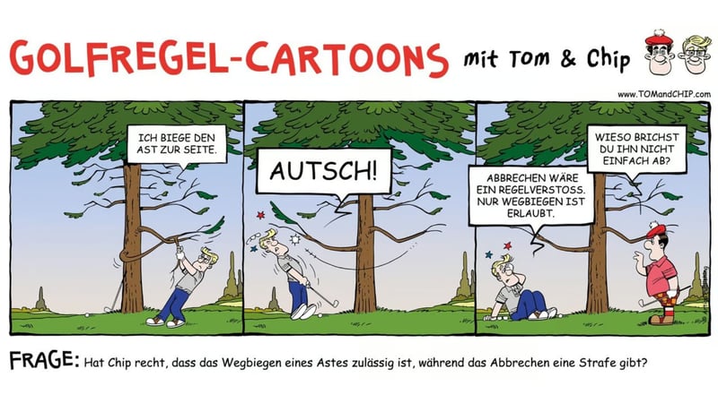 Golfregel-Cartoon: Was tun, wenn der Ast eines Baums den Schwung behindert?