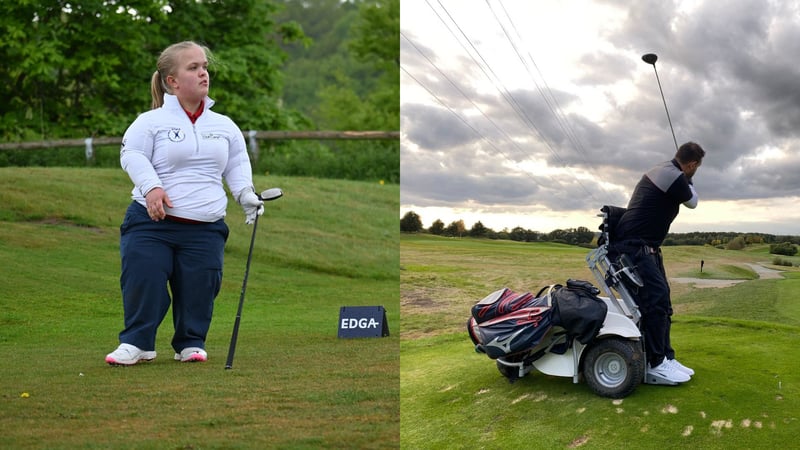 Links: Ellie Perks, eine Golferin mit Kleinwuchs. Rechts: Kris Aves im ParaGolf. (Quelle: EDGA)