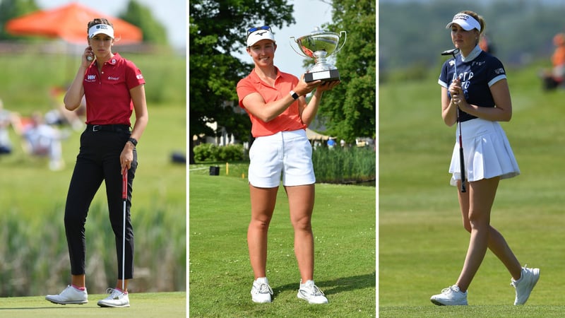 Die Siegerin der Belgian Ladies Open 2023 Patricia Isabel Schmidt eingerahmt von Chiara Noja (T2) und Olivia Cowan (T4) (Foto: Flickr.com/ladieseuropeantour)