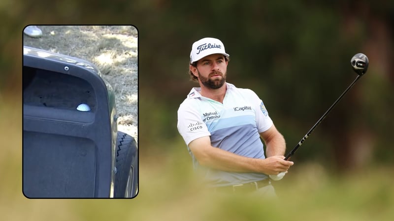 Cameron Youngs Ball bei der US Open 2023 landete in einem Golfcart. (Foto: Getty & Twitter.com/@PGATOUR)