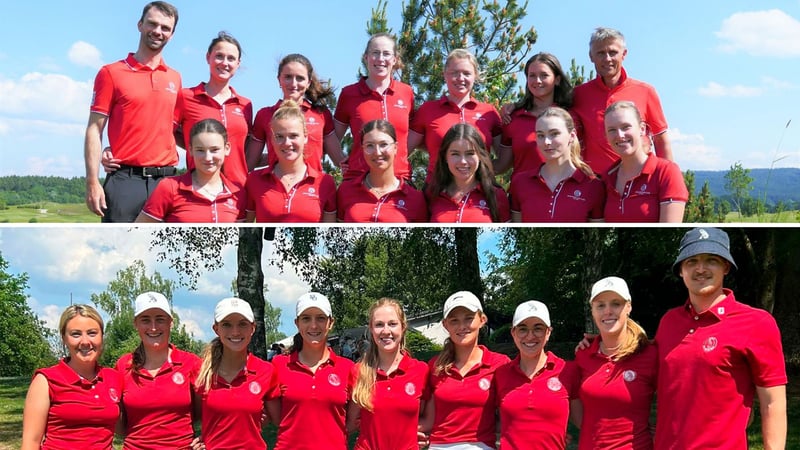 Oben: Die Damen des Münchener GC mit Coach Pascal Proske (l.) gewinnen Spieltag drei (Foto: DGV/Kirmaier) Unten: Die Damen aus dem Hamburger GC holen am dritten Spieltag ihren zweiten Sieg in Serie (Foto: HGC Falkenstein)