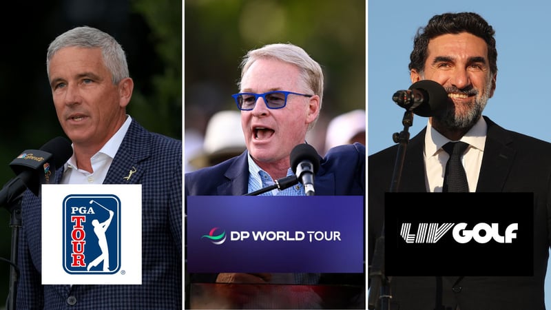 Jay Monahan (PGA Tour), Keith Pelly (European Tour) und Yasir Al-Rumayyan (Public Investment Fond / LIV Golf) verkündeten am Dienstagnachmittag den Zusammenschluss ihrer Touren. (Fotos: Getty)