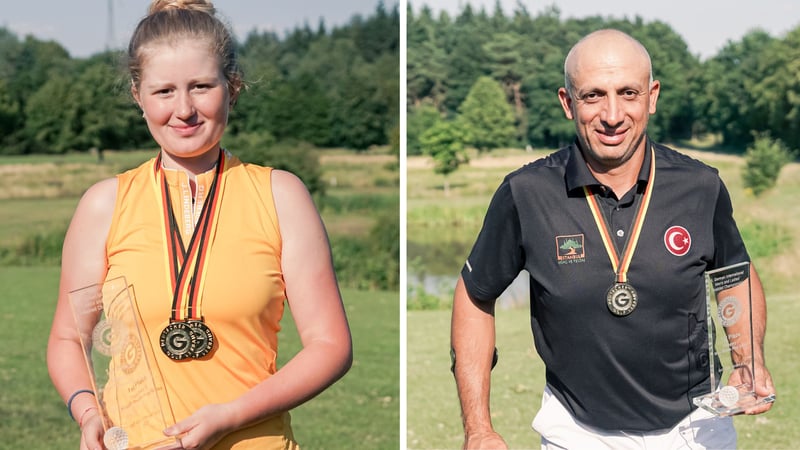 Amelie Paloma González Podbicanin präsentiert die Trophäe für den Gewinn der IAM der Golfer mit Behinderung der Damen und Mehmet Kazan gewinnt die Herren-Konkurrenz bei der IAM der Golfer mit Behinderung. (Foto: C&V Sport Promotion)