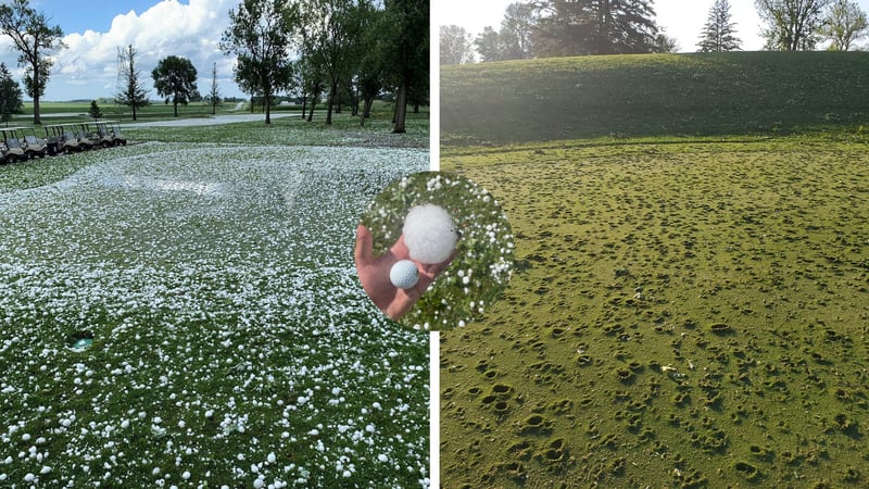 Ein verherrender Hagelsturm in Minnesota hat auf einem Golfplatz große Schäden hinterlassen. (Quellen: Oakdale Golf Facebook (links), Douglas Wylie Facebook (rechts), beck erholtz Twitter(mitte))