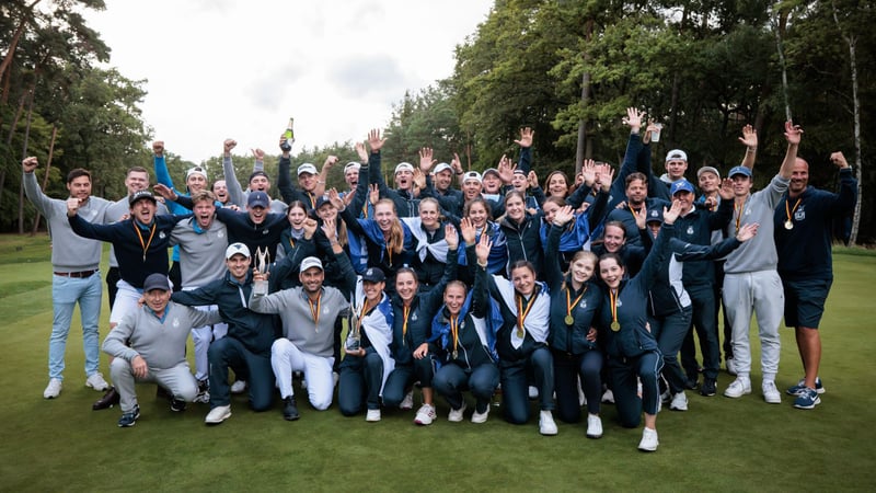 Die Damen und Herren des Golf Club St. Leon-Rot feiern die Titel im Final Four, dem Finale der Deutschen Golf Liga. (Foto: DGV/Stefan Heigl)