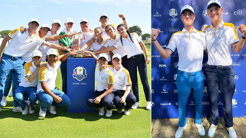 Das siegreiche europäische Team, zu dem auch Peer Wernicke (links) und Helen Briem gehörten (rechts). (Foto: Getty (links), Golf Post (rechts))