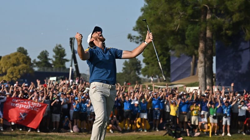 Tommy Fleetwood nach dem entscheidenden Punkt für den Sieg von Team Europa. (Foto: Getty)