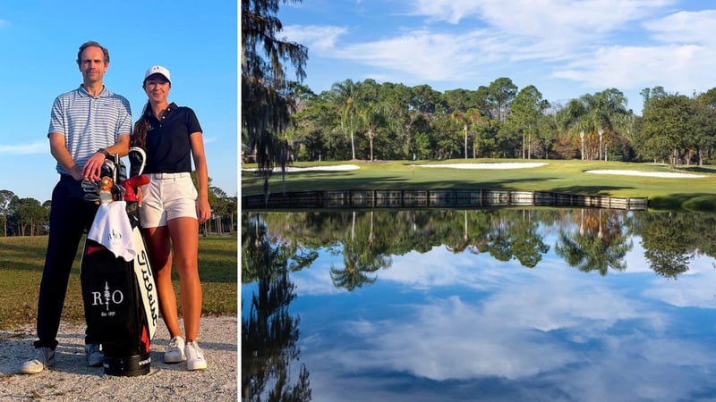 Gründer Gregor Tilch neben Profi-Golferin Polly Mack (links) sowie der Blick auf das Grün der 12. (Foto: Golfclub Stolper Heide/ Golfclub Rio Pinar)