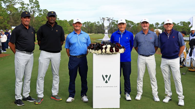 Die Teilnehmer des World Champions Cup 2023: Stephen Ames aus Kanada und Vijay Singh von den Fidschi-Inseln, die für das Team International spielen, Alex Cejka und Bernhard Langer aus Deutschland, die für das Team Europa spielen, sowie Jerry Kelly und Justin Leonard aus den USA (v.l.n.r.). (Foto: Getty)