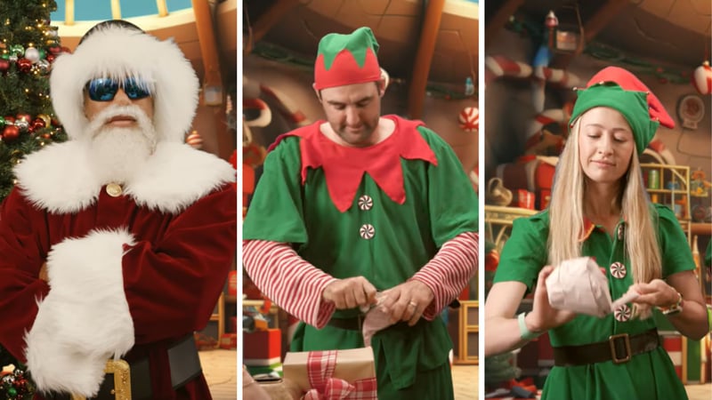 Tiger Woods fungiert im Weihnachtsgruß von TaylorMade als Santa Claus und beaufsichtigt seine Elfen beim Geschenke verpacken. (Quelle: Youtube TaylorMade Golf)