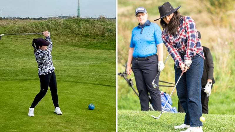 Niedersachsen statt Schottlands Nordosten: Praktikantin Zara Macdonald auf dem Platz in Gleidingen (r.) und beim Wett-Chippen im Rahmen des Beginnerturniers. (Fotos: Michael F. Basche, Golf51)