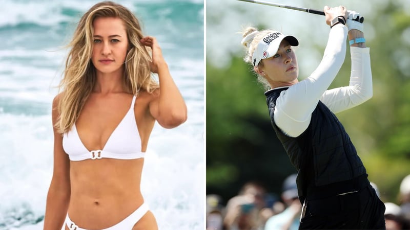 Statt Birdies jetzt Bikinis: Nelly Korda beim Swimsuit-Shooting (Fotos: l. Instagram @golf_com | r. Getty)