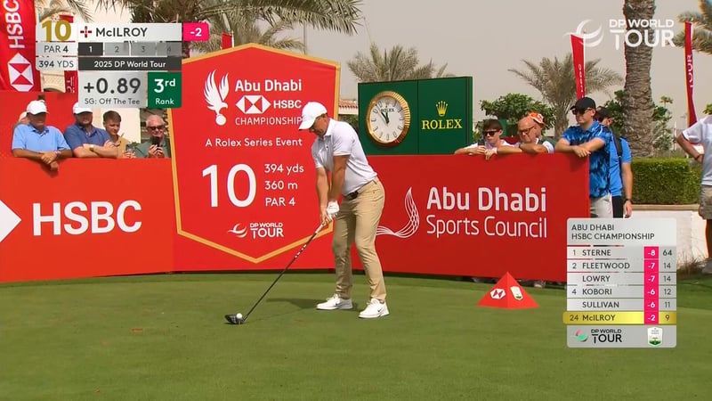 Rory McIlroy trifft das Grün mit dem Drive auf der 10. Bahn bei AD Golf Championships - (@DPWorldTour)