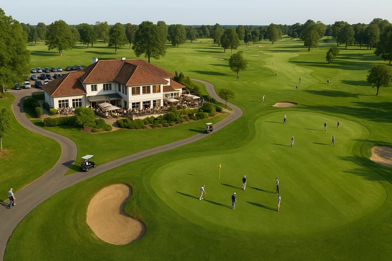 Luftaufnahme eines gut besuchten Golfplatzes mit Clubhaus, gepflegten Fairways und spielenden Golfern bei sonnigem Wetter.