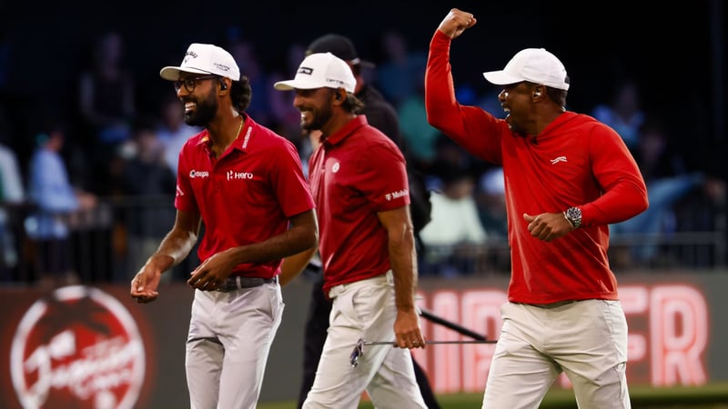 Jupiter Links Golf Club um Tiger Woods feiert nach dem Sieg gegen Boston den Finaleinzug in der TGL. (Foto: TGL Media Hub)