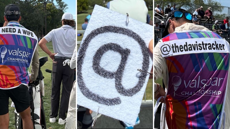 Humorvolle Caddie Bibs bei der Valspar Championship der PGA Tour. (Fotos: x.com/@PGATOUR und @kclairerogers)