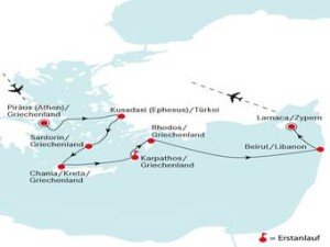 Die erste Golfkreuzfahrt-Route der DEUTSCHLAND führt in die Region des östlichen Mittelmeers. Golfbegeisterte Reisende können hier beispielsweise auf Rhodos oder im Libanon abschlagen. (Foto: deilmann-kreuzfahrten)