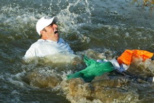 THE BELFRY - 29 SEPTEMBER: Paul McGinley of Europe is thrown into the lake after holing the winning putt during the final day singles of the 34th Ryder Cup matches between Europe and the USA at the De Vere Belfry in Sutton Coldfield, England on September 29, 2002. Europe won 15.5 to 12.5. (photo by Jamie Squire/Getty Images)