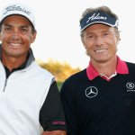 So sehen Sieger aus! Tom Pernice Jr. (l.) als Sieger der abschließenden Charles Schwab Cup Championship und Bernhard Langer mit dem Pokal für den Sieg in der Saisonwertung der Champions Tour.