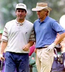 Fred Couples(L) of the U.S. and Greg Norman of Aus