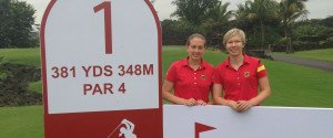 Ann-Kathrin Lindner (r.) und Nina Holleder bei der World Ladies Championship im Mission Hills Resort.