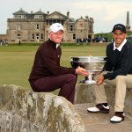 Simon Dyson (links) und Kelly Slater 2009 mit dem Titel der Alfrd Dunhill Championship in St. Andrews. (Foto: Getty)